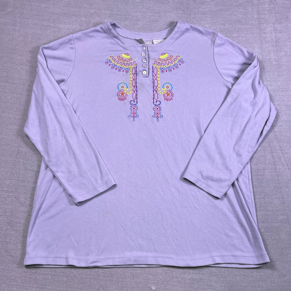 Blair Embroidered Henley Long Sleeve Top Women XL Purple Cotton Blend